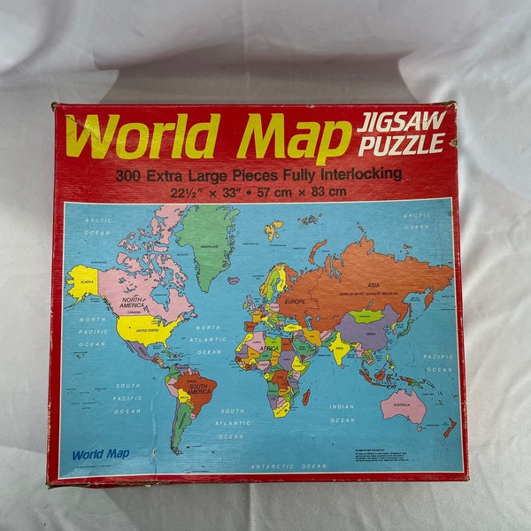 Vintage / Retro 1984 World Map 300 Piece Jigsaw Puzzle Interlocking Pieces By Golden 4790 Complete United States Of America USA Europe Atlas