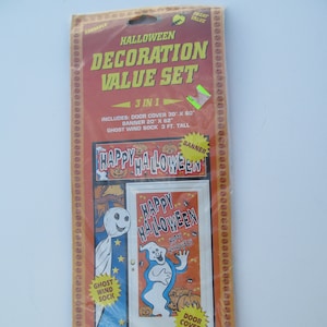Brand New / Sealed Vintage / Retro 3 In 1 Happy Halloween Decoration Set Plastic Door Cover, Banner, Flying Ghost Wind Sock Photo Backdrop