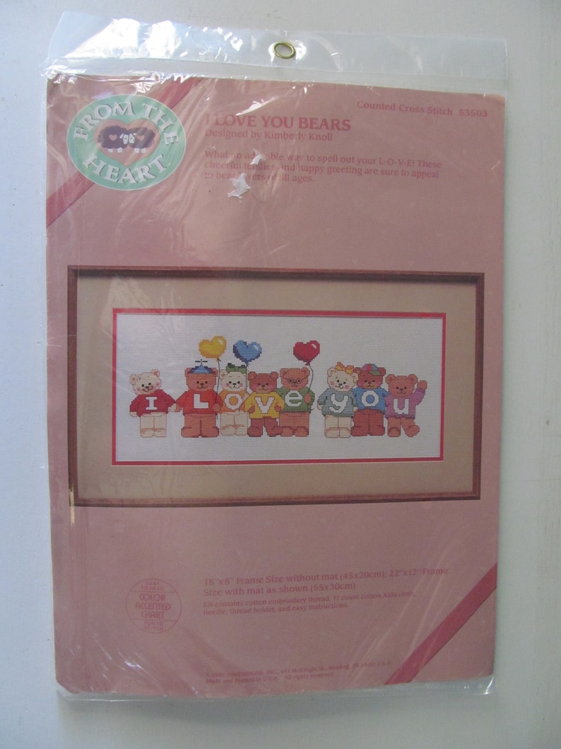 Brand New NIB 1986 From The Heart I Love You Bears Counted Cross Stitch Needlepoint Kit Sewing Decoration Arts /& Craft 53503