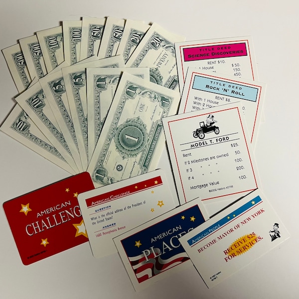 Vintage / Retro Monopoly The America Special Edition 21 Piece Ephemera Pack Money Title Cards American Challenge Places People Pieces Art