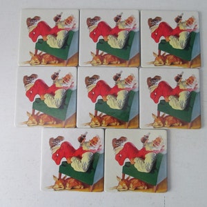 Vintage / Retro Set Of Eight (8) Coca-Cola Classic / Coke Soda Pop Santa Claus In Green With Reindeer Chair Merry Christmas Drink Coasters