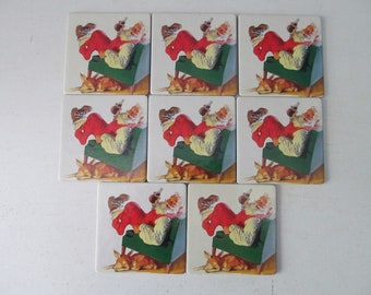 Vintage / Retro Set Of Eight (8) Coca-Cola Classic / Coke Soda Pop Santa Claus In Green With Reindeer Chair Merry Christmas Drink Coasters