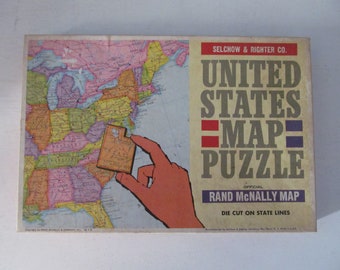 Vintage / Retro Selchow & Righter Co. Map Of The United States Of America Puzzle Pieces Die Cut In The Shapes Of States Rand McNally No. 519