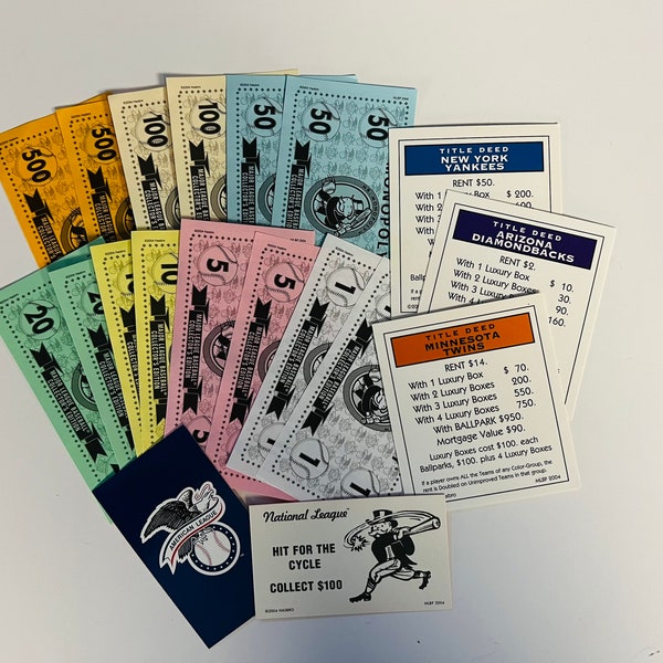 Vintage / Retro Monopoly Major League Baseball MLB Edition 19 Piece Ephemera Pack Money Property Title Community Chest Chance Cards Sports