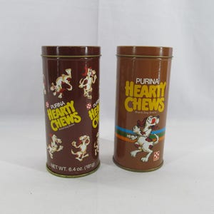 Set Of Two (2) Vintage / Retro 1988 Purina Hearty Chews Dog Food Treats Tin Can Container Advertising Pop Culture Ad Memorabilia Collectible