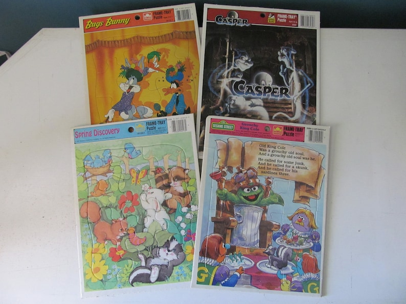 Spring Discovery Oscar The Grouch Set Of Four 4 Retro Vintage Golden Frame Tray Puzzles Bugs Bunny Casper The Friendly Ghost