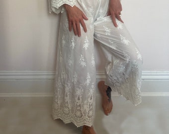 Cottage White Cotton & Lace Boho Trousers Pyjama Loungewear - Top available, handmade UK. Summer Bride Top, Cover festival outfit style.