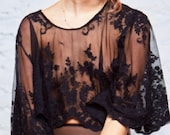 Hang Loose Luxury Sheer Scalloped Lace Flared Sleeve/ Batwing 70s Crop Top
