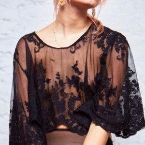 Hang Loose Luxury Sheer Scalloped Lace Flared Sleeve/ Batwing 70s Crop Top