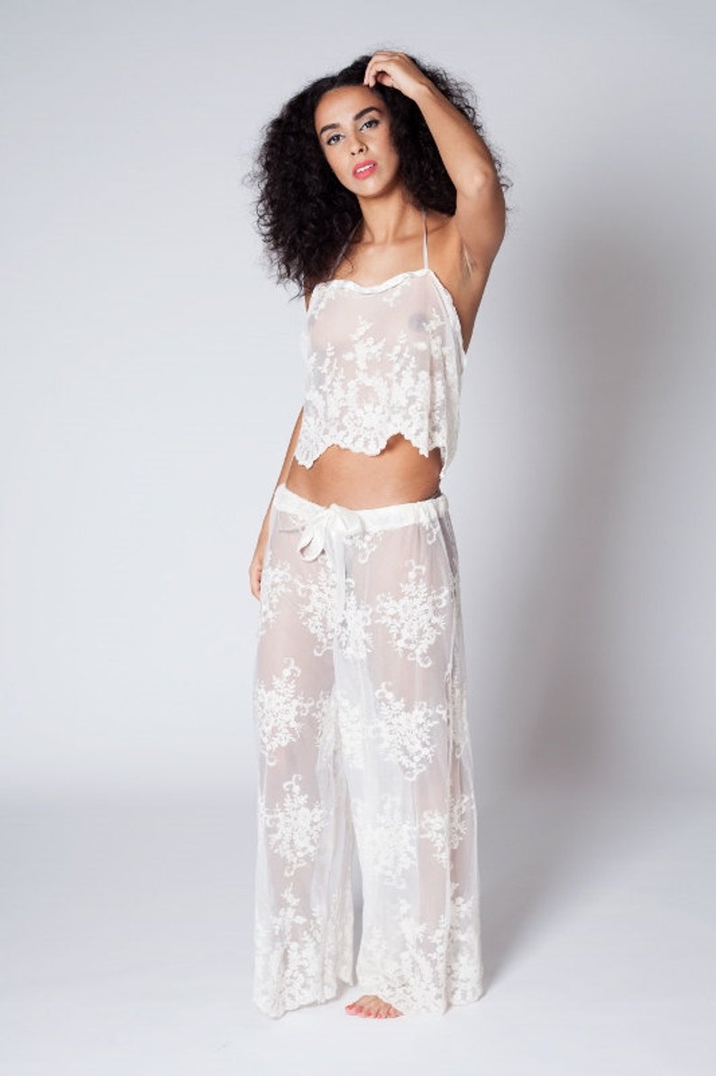 HangLoose Lace Halter Top with Ribbon Ties & Scalloped Hem, Sexy Sheer Luxury Loungewear. 