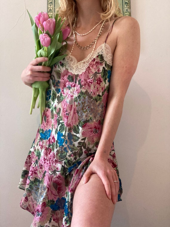 Vintage 80s SATIN Tropical womens slip dress neglige lingerie floral animal print small petite xs 90s Victorias secret spring fredericks 70s