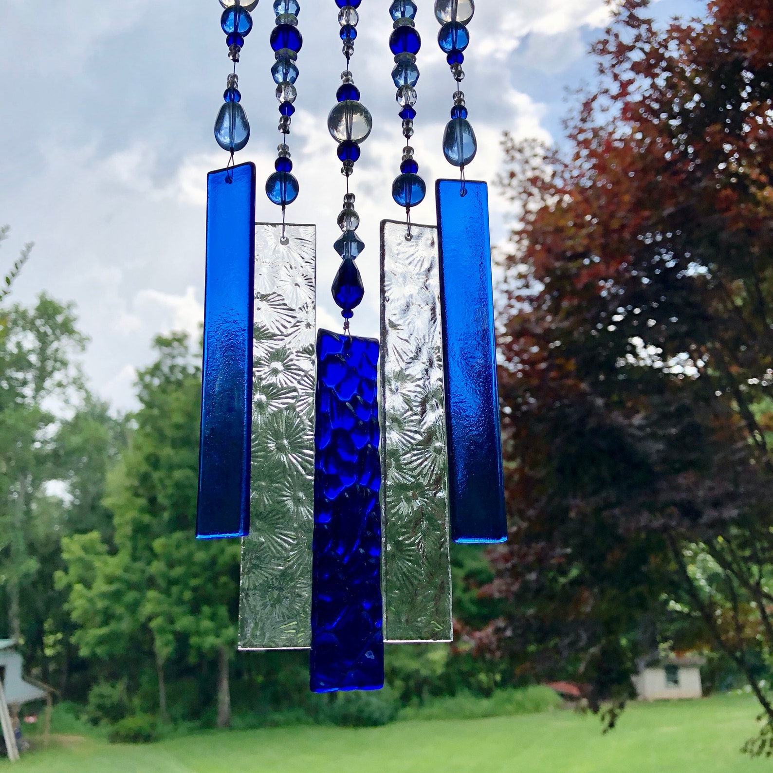 Cobalt Blue Glass Wind Chime Unique Wind Chime Beaded Wind Etsy