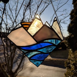 Stained glass mountains and waves wall or window hanging