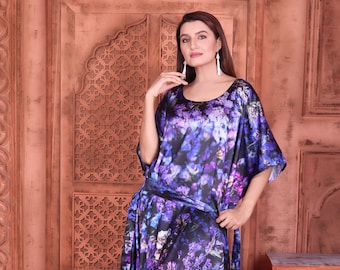 Floral Print Silk Kaftan: Plus Size Maxi Loungewear