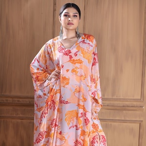 Floral Print Silk Kaftan: Lightweight V-Neck Maxi Dress