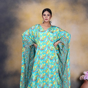 Blossoming Elegance: Floral Print Silk Kaftan for Women, flower print kaftan, caftan