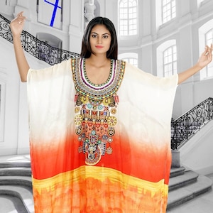 Feather Print Silk Kaftan Dress: Beaded Resort Wear