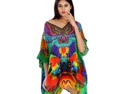 Short Tropical Bird Print silk Kaftan enhanced with Criss-cross Cold Shoulder Beach kaftan for women cover up short kaftan Tunic 374