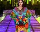 Tropical Bird Print silk Kaftan enhanced with Criss-cross Cold Shoulder Beach kaftan for women cover up short kaftan Tunic 374