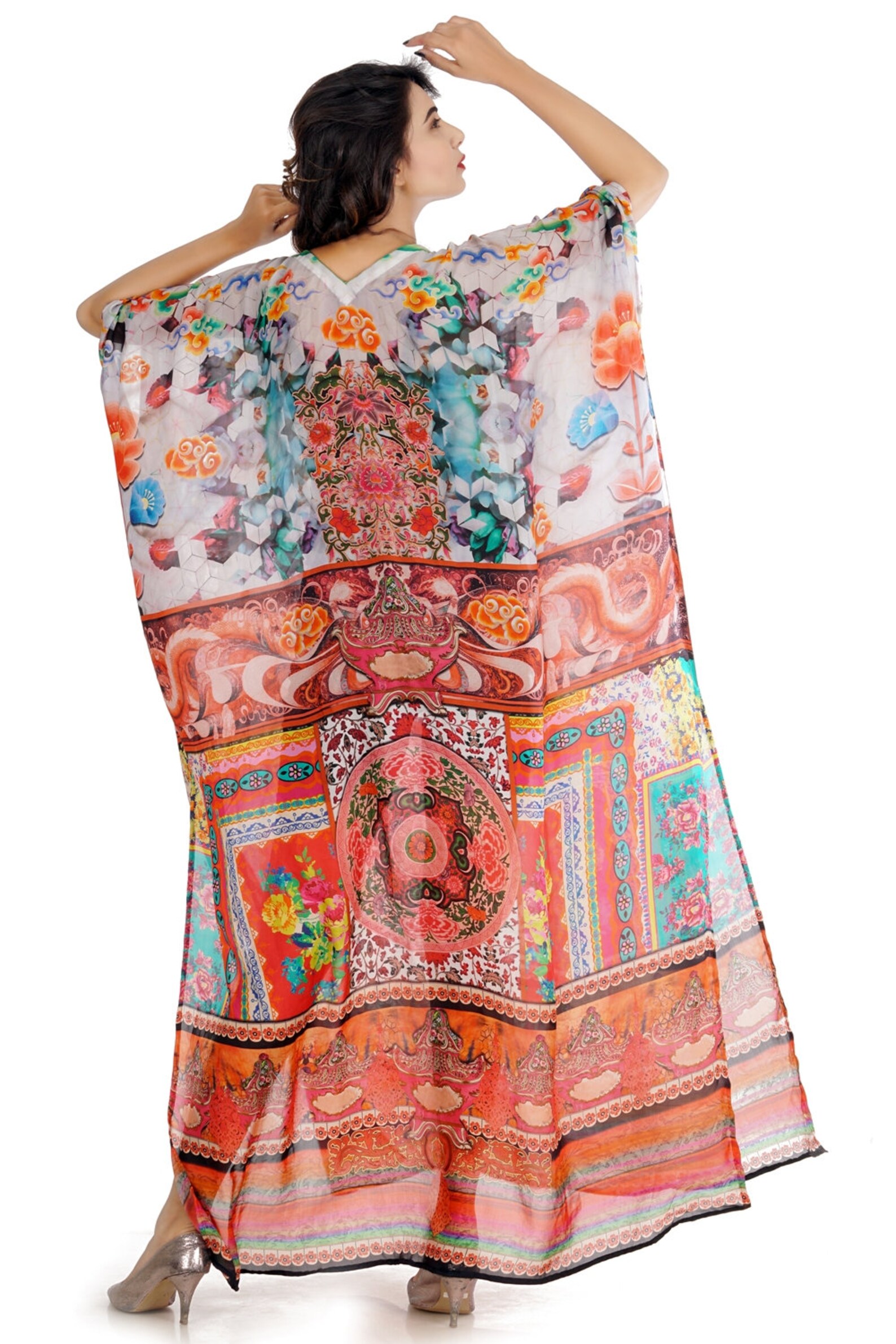 Sequin long kaftan with appealing V-neck stonish and floral | Etsy