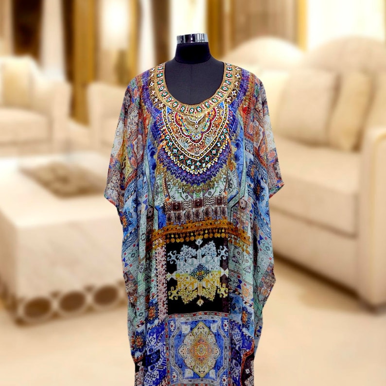 Fusion of Fashion and Folklore Printed Silk Kaftan of Full Length with Various Print Beach Wear Cover Up Long Dress Women evening Kaftan 218
