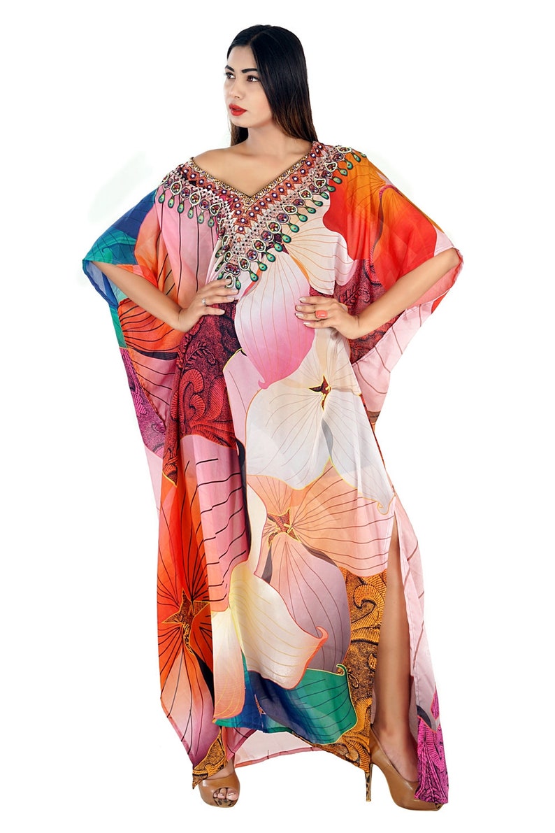 Womens Kaftan Long Dress Silk Kaftan Resort Wear Maxi Caftans Beach Wear Cover Up One Piece Jeweled Online Abaya Dress 190
