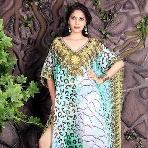 Designer Print Silk Caftan, Womens Silk Kaftan, Silk Dress, Silk Beach Coverup, Long Silk Caftan Loungewear