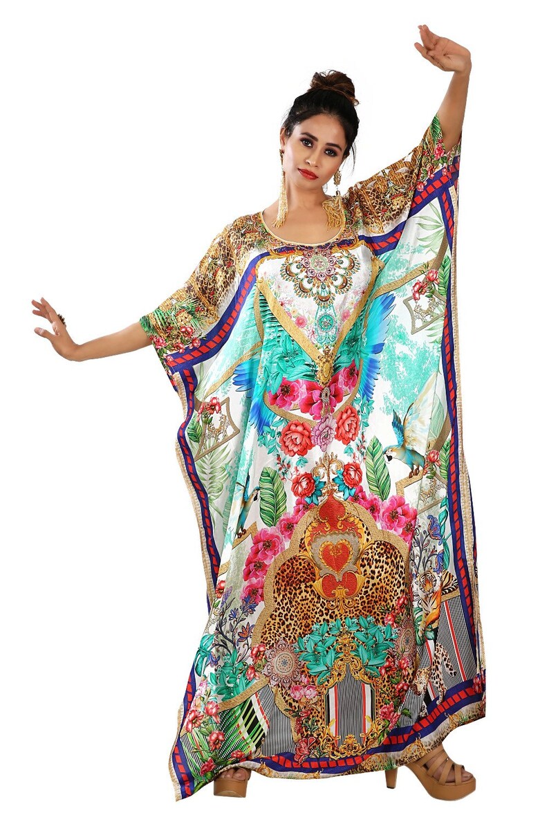 Beach cover up kaftan Heavily embellished kaftan Embroidered kaftan Plus size long kaftan Resort wear kaftan Animal print kaftan silk dress
