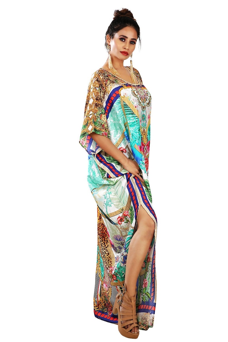 Beach cover up kaftan Heavily embellished kaftan Embroidered kaftan Plus size long kaftan Resort wear kaftan Animal print kaftan silk dress