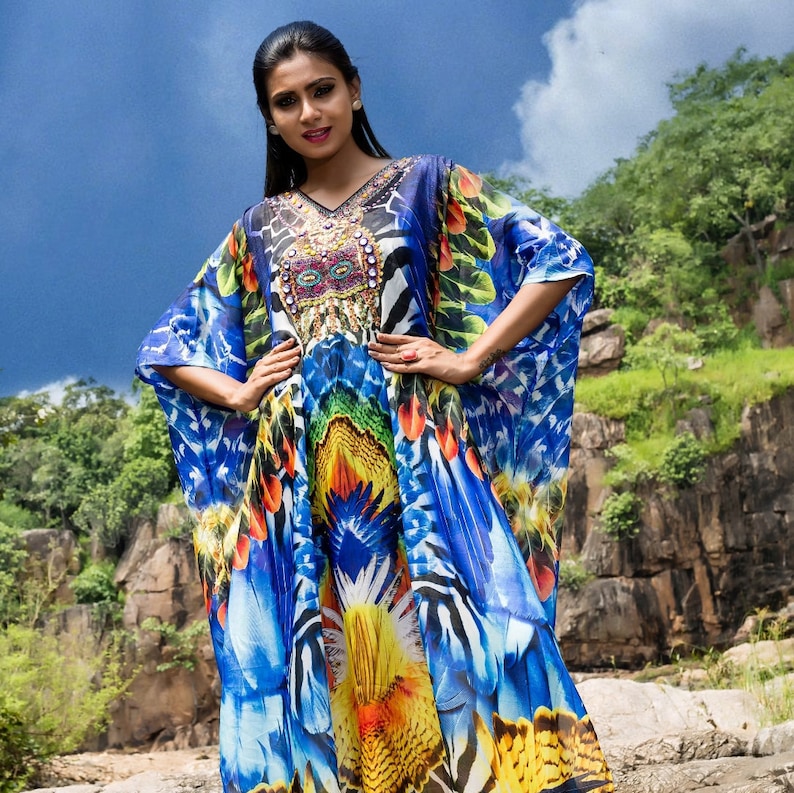 Attractive Feathers print featuring zebra patches with multicolored embellishments on Beach Cover ups silk kaftan one piece caftan 228