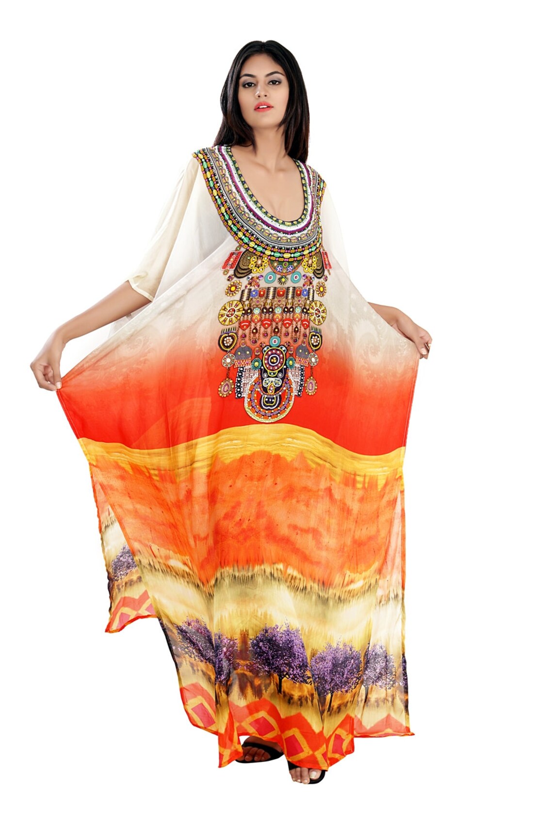 Yellow Pumpkin Silk Kaftan Dress - Luxury Plus Size Beach & Party Wear main image 1