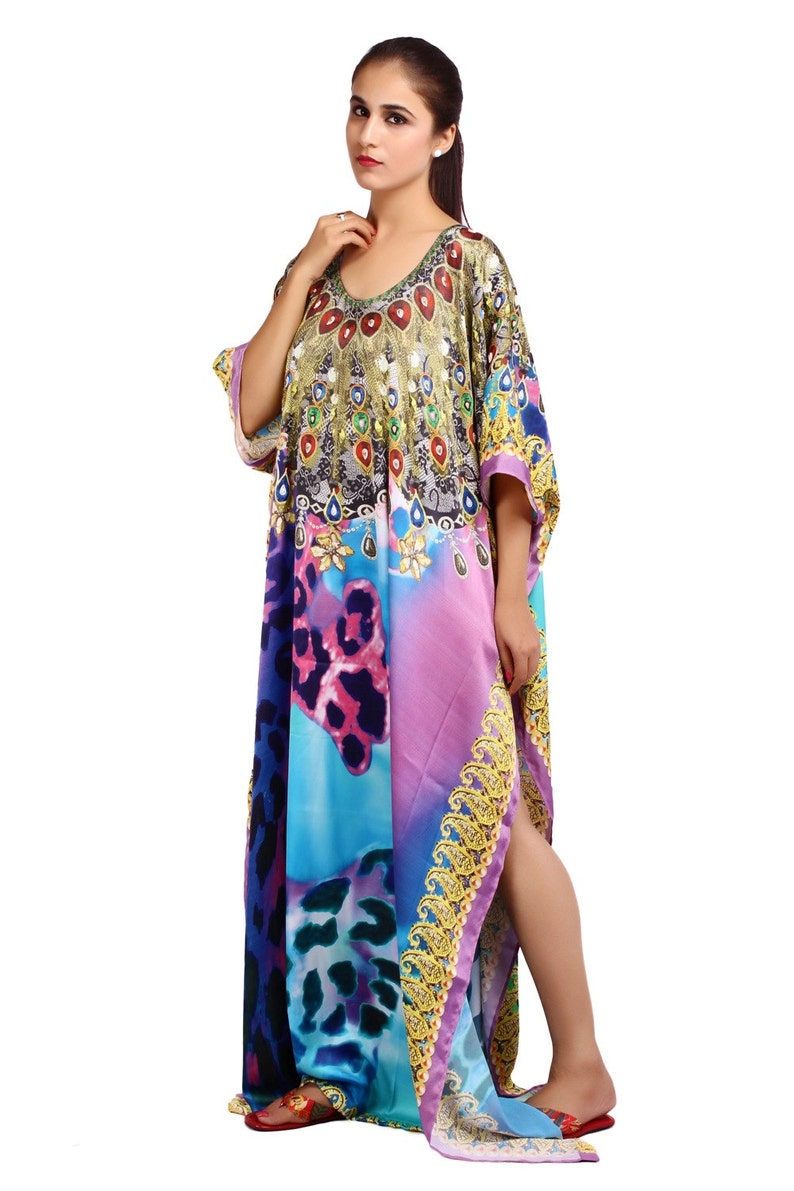 Silk Feel kaftan/'s Animal print full length jewelled kaftan dress for Woman beautiful Girls beach cover up caftan One size fits all 26