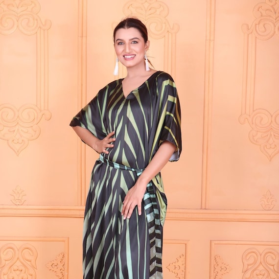 satin kaftan maxi dress Uootdi Women's Satin Kaftan Dress V Neck Flowy Maxi Dress Loose Fit Evening Gown Elegant Party Wear Caftan Plus Size Cover Up Trendy Boho Beach Dress