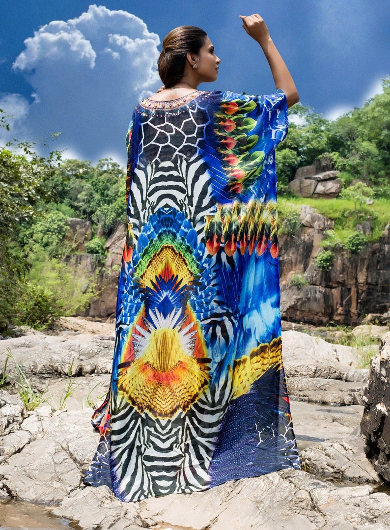 Attractive Feathers print featuring zebra patches with multicolored embellishments on Beach Cover ups silk kaftan one piece caftan 228