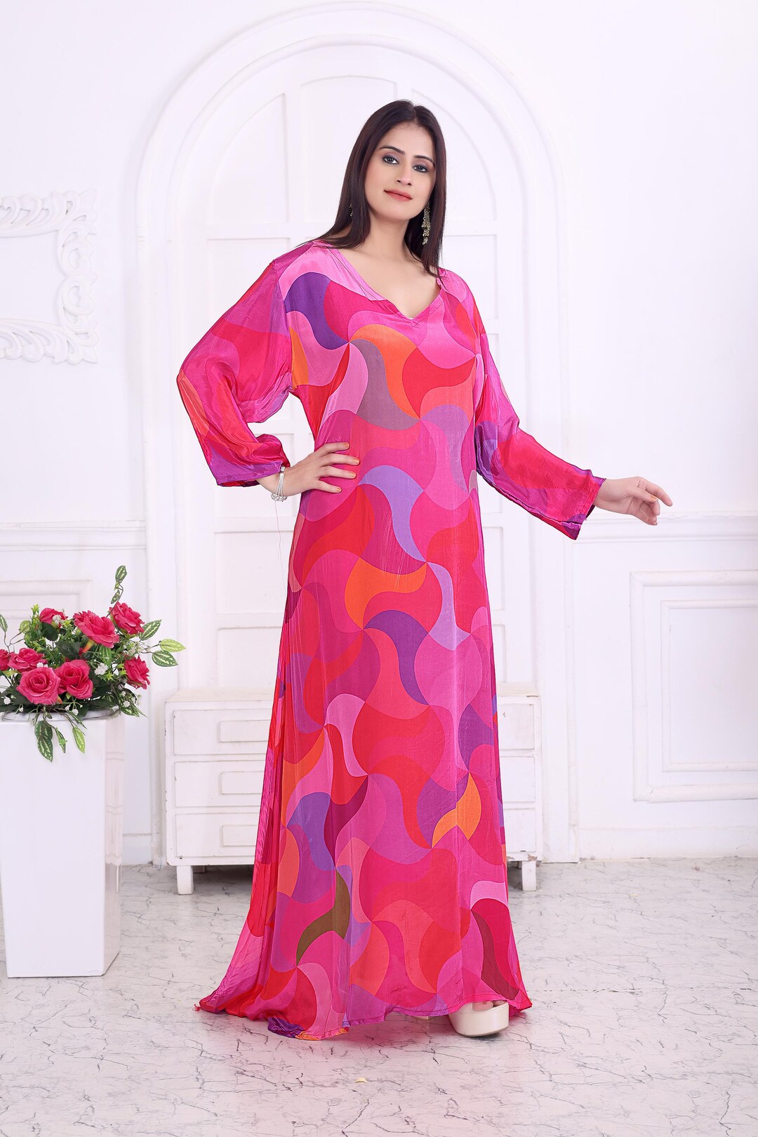 pink floral silk dress Valentina Satin Floral Print Dress
