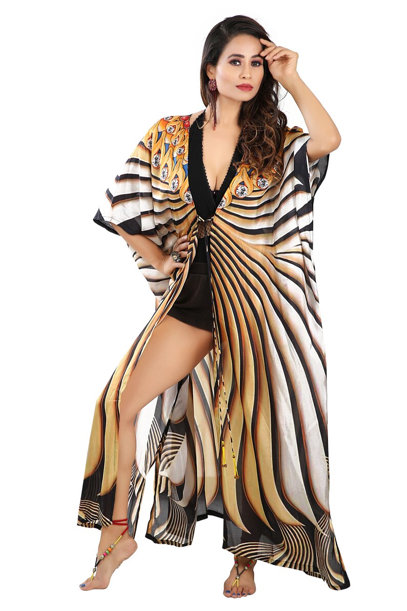 Hand embellished Lace up beach cover up silk kimono Designer camouflage print Long belted cover up shrug