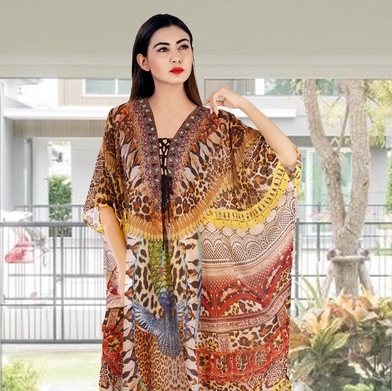 Womens Silk Kaftan Animal Print Lace Up Kaftan Designer Print Silk