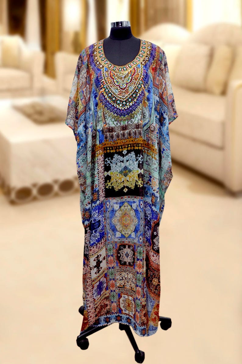 Fusion of Fashion and Folklore Printed Silk Kaftan of Full Length with Various Print Beach Wear Cover Up Long Dress Women evening Kaftan 218