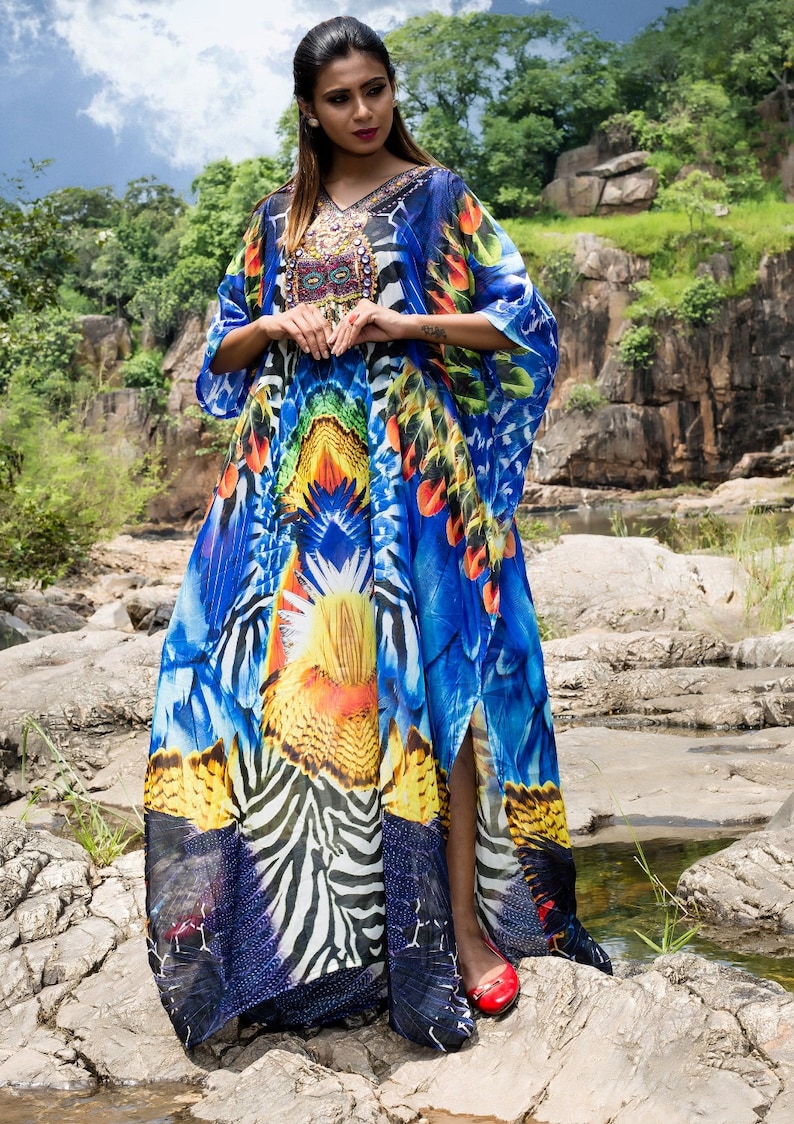 Attractive Feathers print featuring zebra patches with multicolored embellishments on Beach Cover ups silk kaftan one piece caftan 228