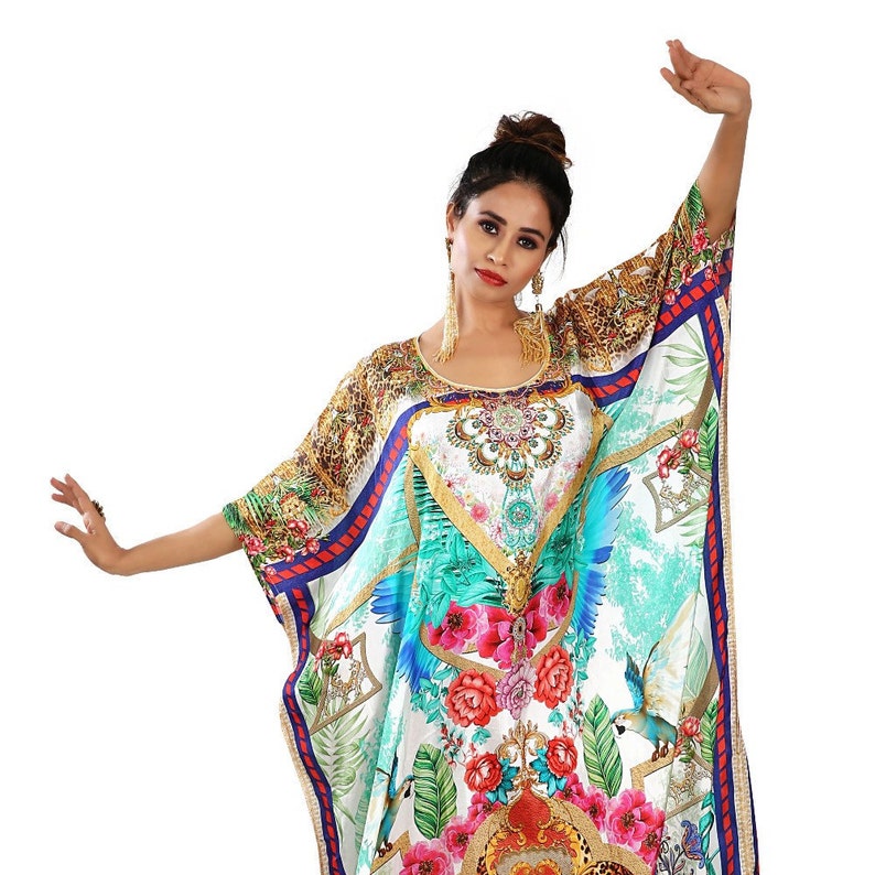 Beach cover up kaftan Heavily embellished kaftan Embroidered kaftan Plus size long kaftan Resort wear kaftan Animal print kaftan silk dress
