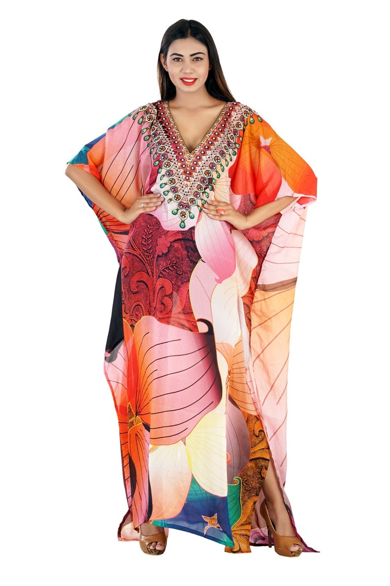 Womens Kaftan Long Dress Silk Kaftan Resort Wear Maxi Caftans Beach Wear Cover Up One Piece Jeweled Online Abaya Dress 190