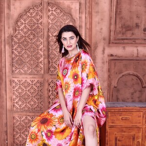 Floral Print Silk Kaftan Dress: Beaded Neckline, Beach Cover-Up