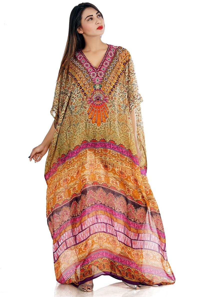 Floral Maxi Boho Silk Kaftan Dress with artistic geometric Etsy
