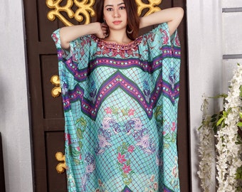 Floral Seide Kaftan Maxi Kleid: Perlen Ausschnitt, Geometrischer Druck