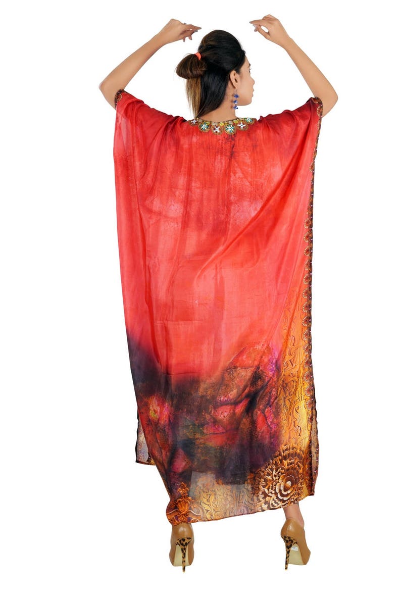 Toned Red Bandana Printed Plus Size Long Kaftan Embroidered Beads And Crystals Silk Kaftan Online One Piece Dress Hand Made Jeweled 284 Dresses Clothing Alphafarming Com