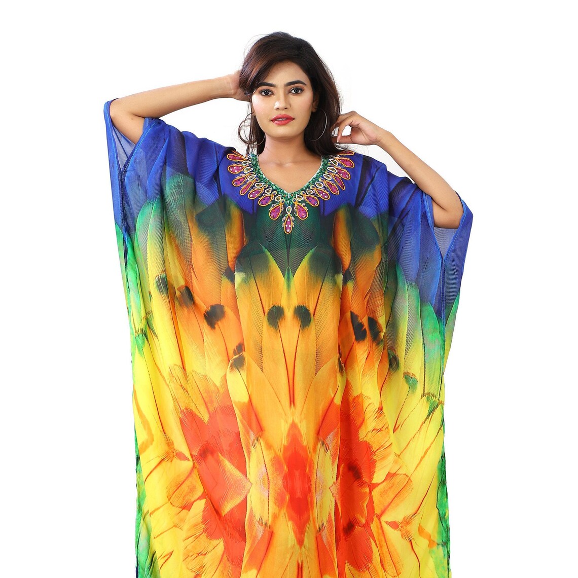 Feather print kaftan Pool party dress Silk caftan plus size | Etsy