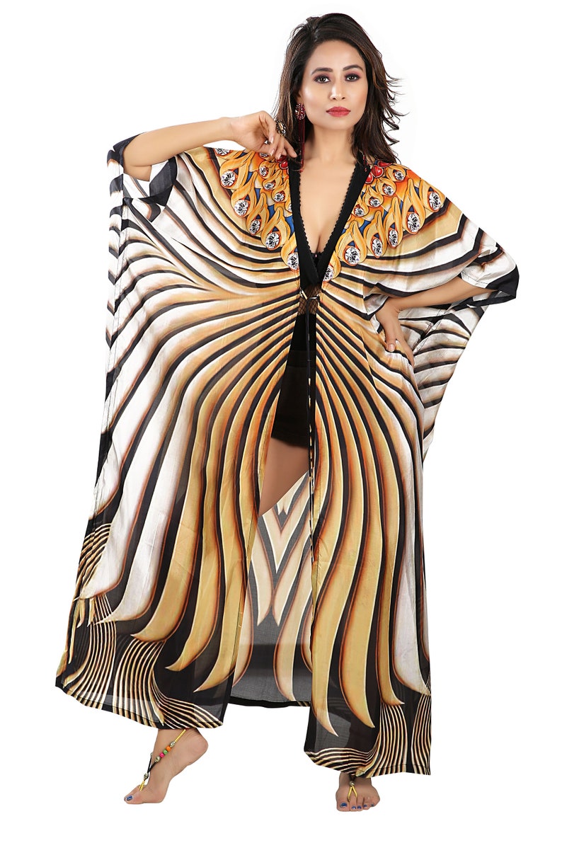 Hand embellished Lace up beach cover up silk kimono Designer camouflage print Long belted cover up shrug
