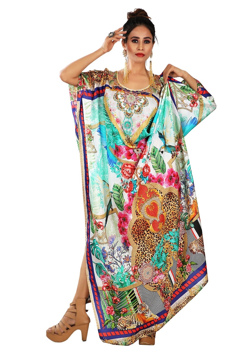 Beach cover up kaftan Heavily embellished kaftan Embroidered kaftan Plus size long kaftan Resort wear kaftan Animal print kaftan silk dress