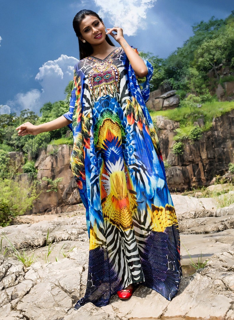 Attractive Feathers print featuring zebra patches with multicolored embellishments on Beach Cover ups silk kaftan one piece caftan 228