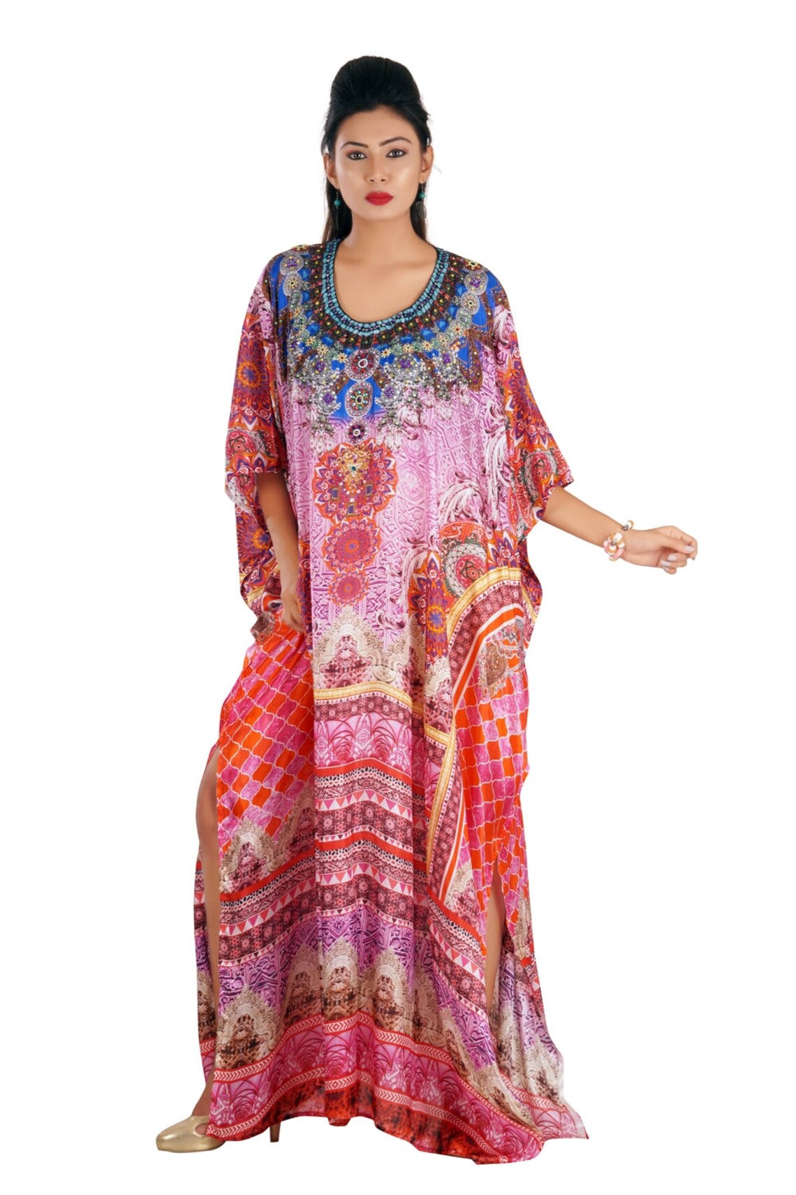 Graceful Silk Kaftan Maxi Dress with Stunning Beaded Neckline | Etsy